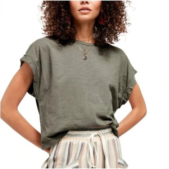 Free People Boxy Tee Small You Rock Relaxed Boho Casual Cropped Green - Picture 1 of 13